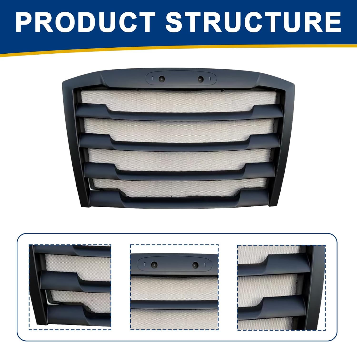 Black Grill Grille with Bug Screen Compatible with 2018-2024 Freightliner Cascadia, Front Bumper Radiator Grille Freightliner Cascadia Accessories (Black)