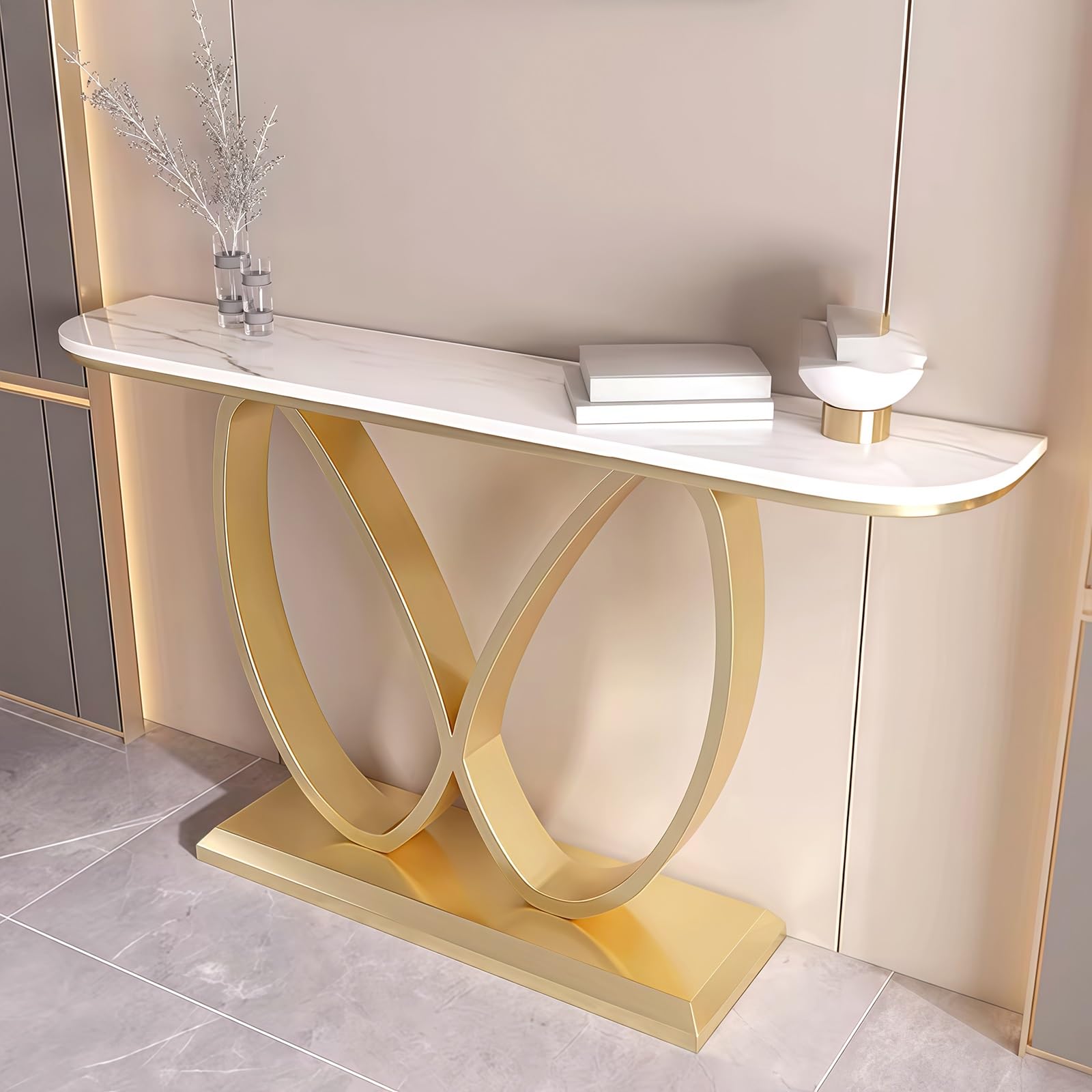 Consolle, Tavolino d'ingresso Stretto Effetto Marmo con Base Geometrica in Metallo, Tavolini d'appoggio contemporanei, Base Decorativa Creativa in Acciaio al Carbonio (+Bianco, 80 cm/31,5")