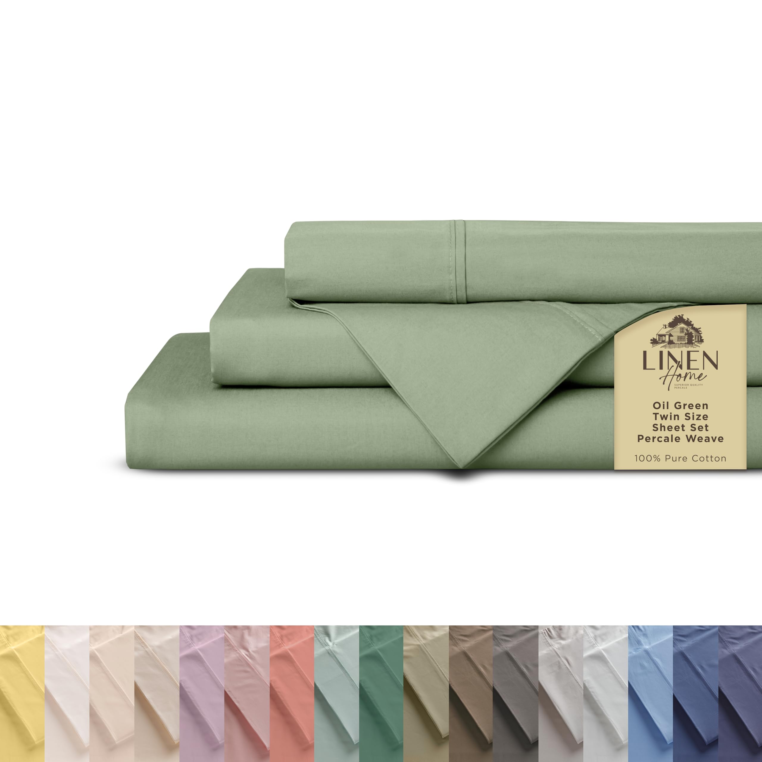 Linen Home 100% Cotton Percale Sheets Twin Size, Oil Green, Deep Pocket, 3 Pieces Set - 1 Flat, 1 Deep Pocket Fitted Sheet and 1 Pillowcase, Crisp Cool and Strong Bed Linen
