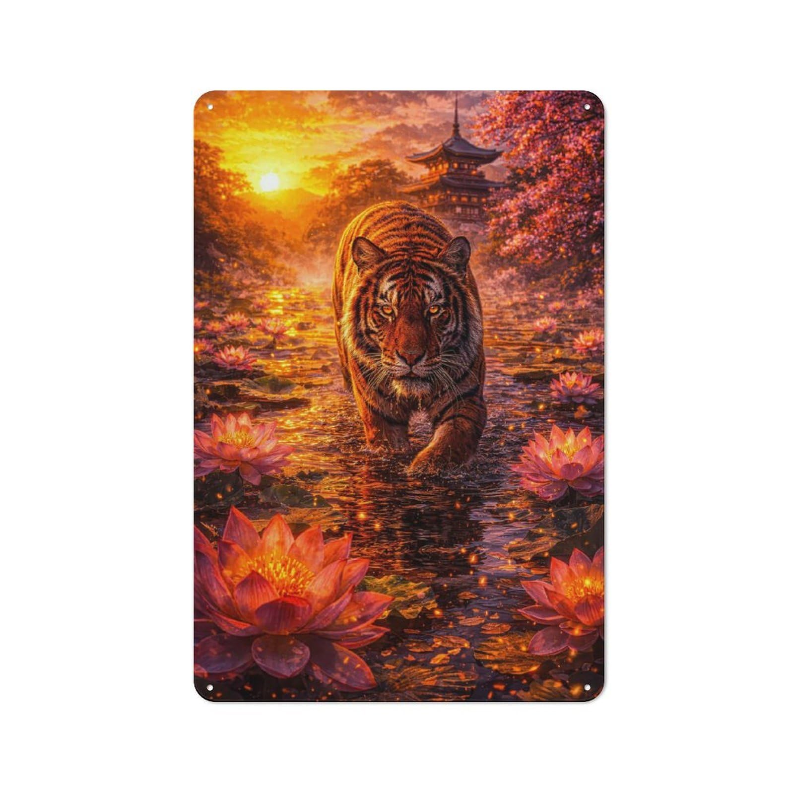 Cosy Tiger in A Lotus Pond at Sunset Metal Plaque 30x20cm, Kitchen Wall Decor for Kitchen, Cafe, Pantry Or Dining Room