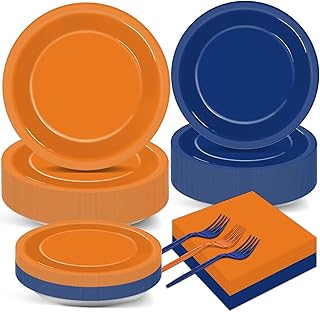 200 Pcs Orange and Blue Birthday Decorations Dart War Party Supplies Orange Blue Paper Plates and Napkins Tableware Set for Baby Shower Party Favors for 50 Guests