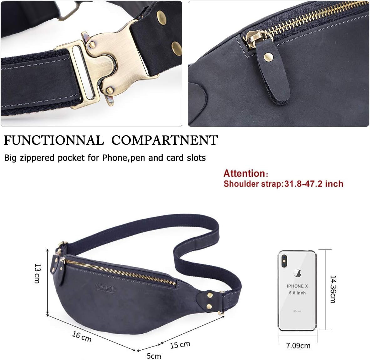 Pack Waist Bag Multifunction, Contact's Genuine Leather Hip Bum Multiple Crossbody Bag Travel Purse Daypack for Men and Women for Hiking Running And Cycling (Bule)