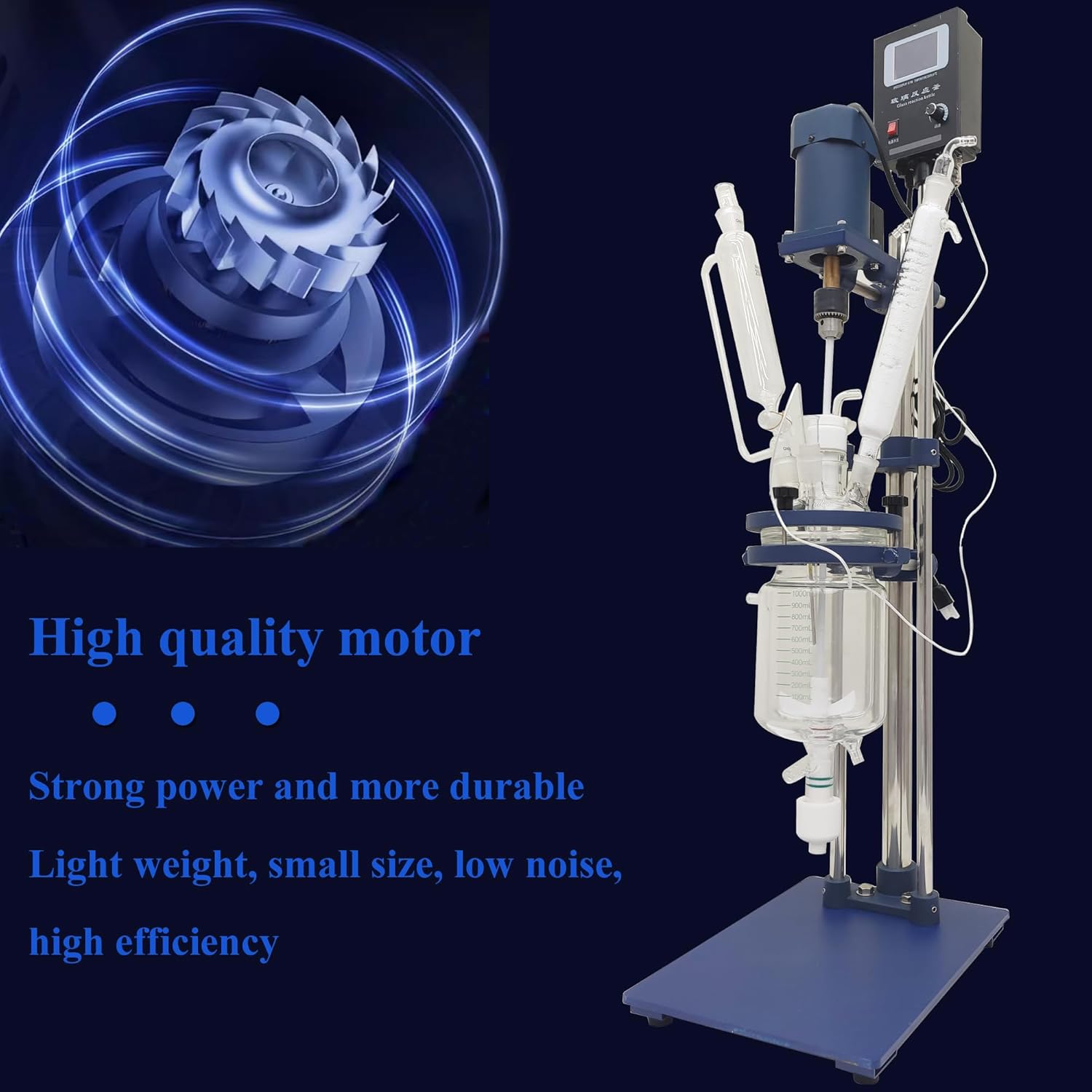 Glass Reactor Chemical Glass Jacketed Reactor Vessel Digital Display Vessel Device Double-Layer Lab Reactor with Support Frame Adjustable Speed for Lab Reaction Distillation 1L 110V