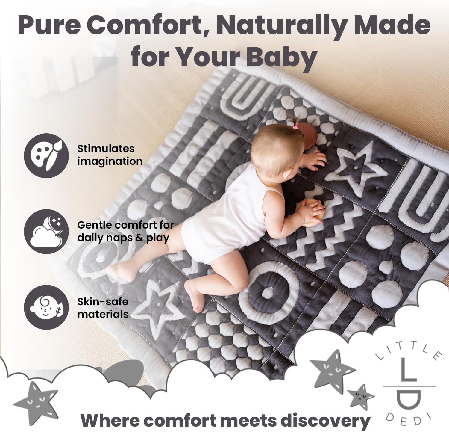 3D Soft Organic Cotton Crawling Blanket – GOTS Certified, 40x40 in Montessori Design for Motor Skill Development, Reversible, No Loose Threads – Washable & Sustainable