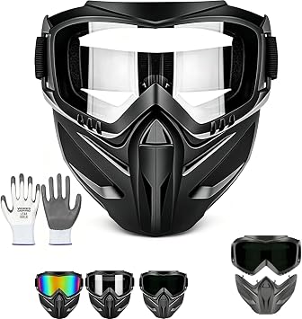 Detachable Full Face Goggle Mask, Goggle Mask for Welding & Riding, Anti-Fog Windproof Impact Resistant Face Protection, Detachable Adjustable Motorcycle Face Shield