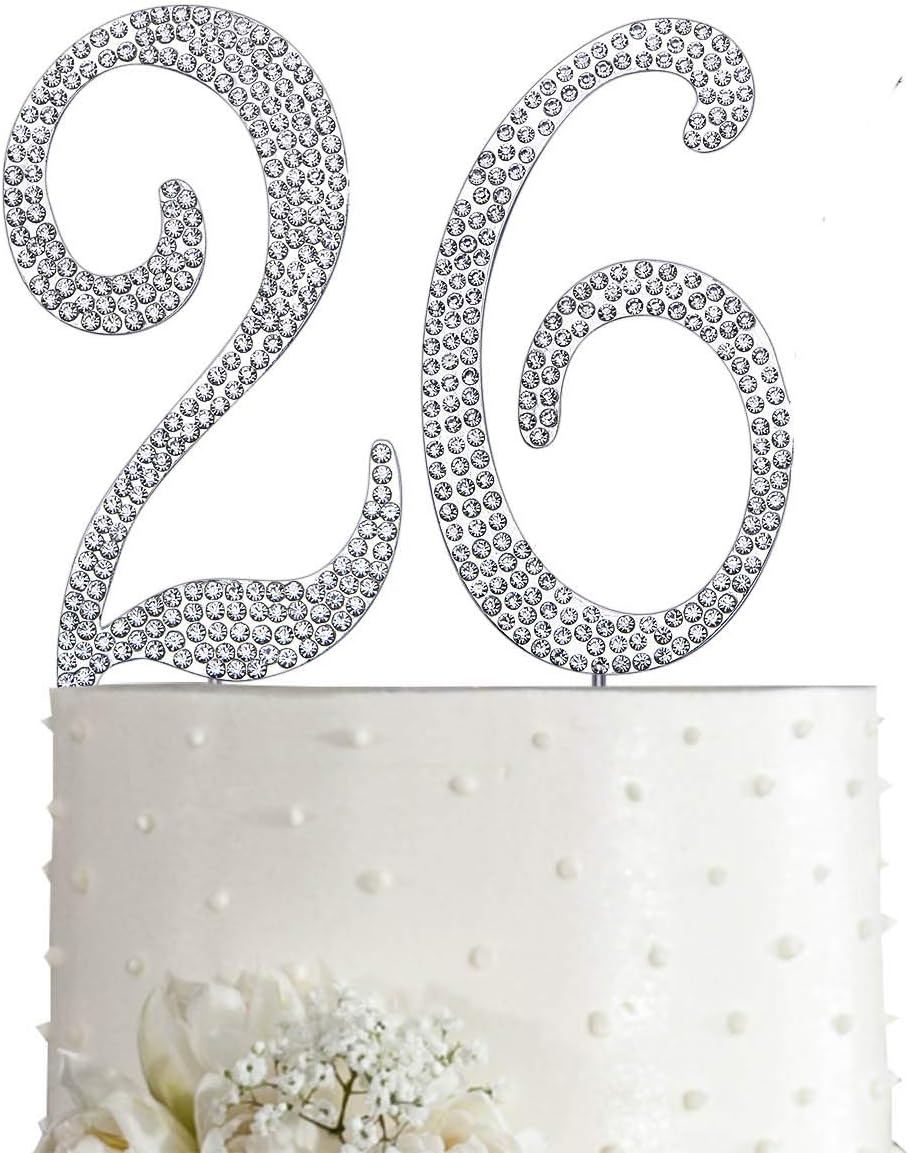 MAGJUCHE Silver 26" Crystal Cake Topper, Number 26 Rhinestones 26th Birthday Cake Topper, Men or Women Birthday or 26th Anniversary Party Decoration Supply
