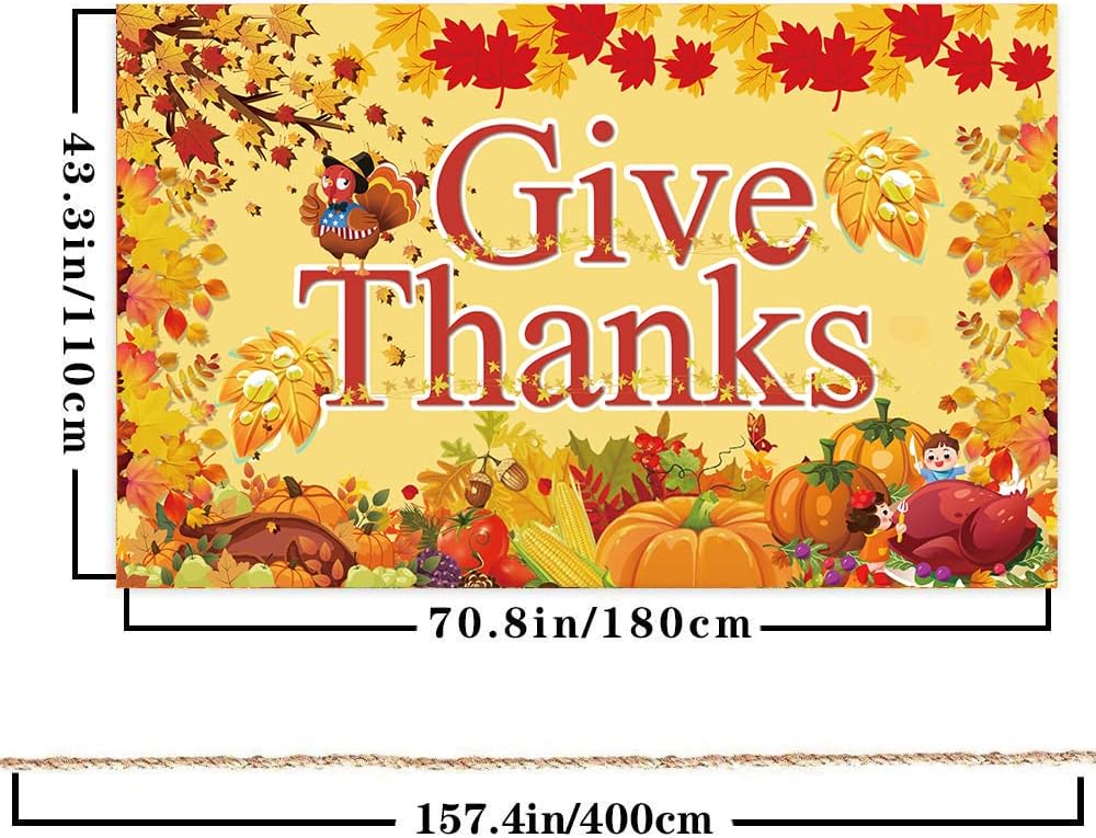 Fecedy Give Thanks Extra Large Fabric Sign Poster Banner Backdrop Pumpkin Maple Leaf Turkey Corn Fruit for Thanksgiving Day Party Decorations Welcome Autumn Hang Outdoor Indoor