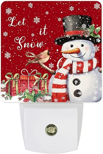 Luces nocturnas de Navidad que se enchufan a la pared, luz nocturna roja con enchufe de muñeco de nieve y pájaro con sensor de luz del atardecer al