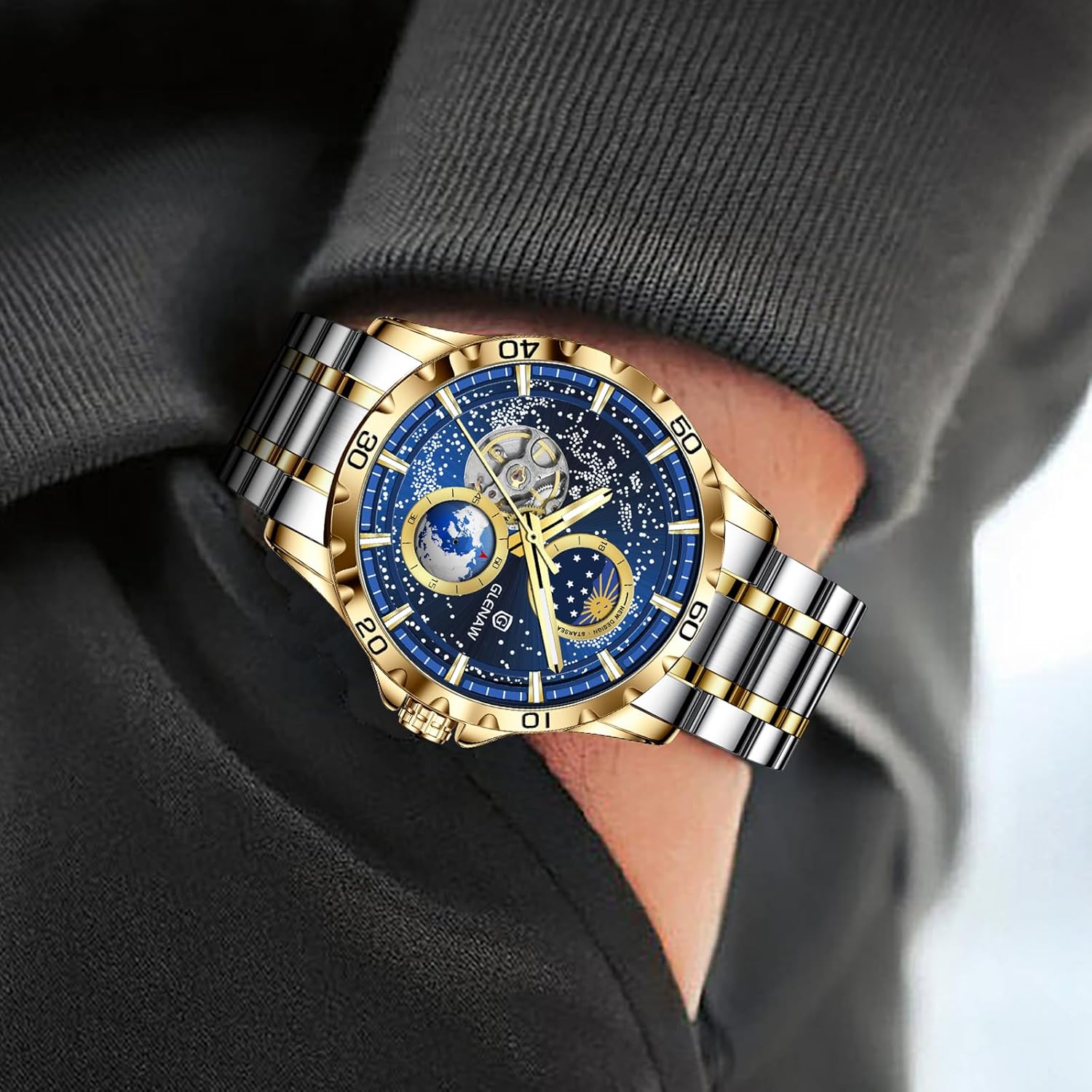 Automatic Watches for Men, Rotating Earth Multifunctional Men's Mechanical Watch Starry Sky Dial Steel Band Stopwatch Sun Moon Stars Automatic Men's Watch