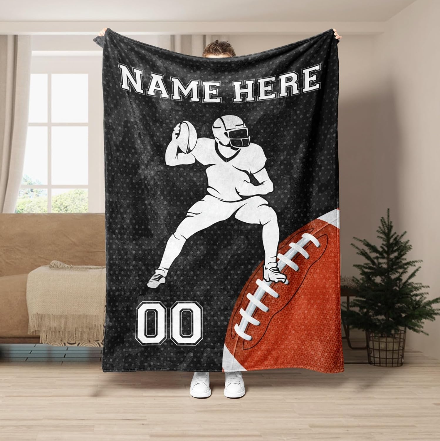 Personalized Football Blanket, Soft Fleece Throw Blankets, Custom Sport Football Gift for Dad, Husband, Boyfriend, Son Birthday Gifts