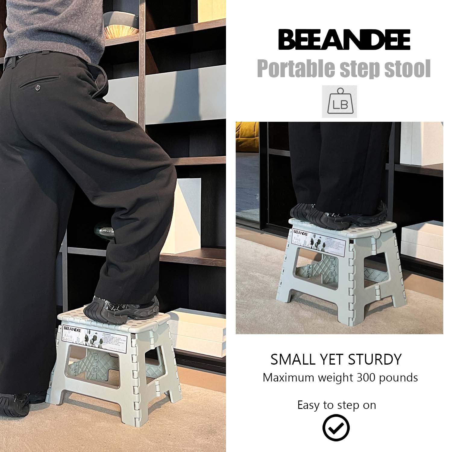 BEEANDEE 11" Folding Step Stool for Adults Kids Holds Up to 300 lbs,Non-Slip Folding Stools with Portable Handle, Compact Plastic Foldable Step Stool for Bathroom,Kitchen (Gray) 2