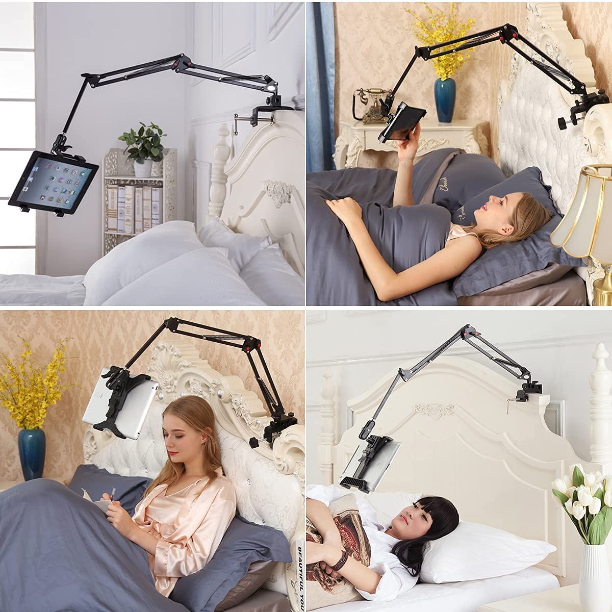 Soporte tableta,QZT soporte de metal para teléfono con brazo ajustable, rotación de 306°para iPad Pro12.9/iPhone 12/Samsung Tab y otros dispositivos de 4-13 pulgadas, adecuado para cama/oficina/cocina
