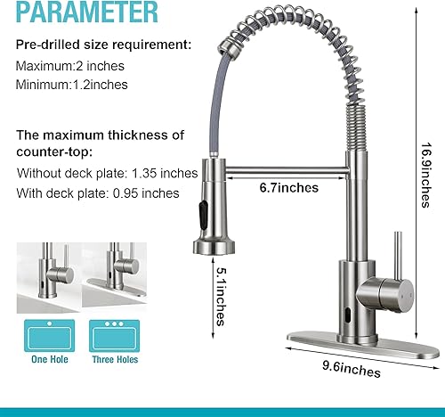 Miniatura 7 de DJS Grifos de cocina con rociador desplegable de níquel cepillado  Sin contactoGrifo de fregadero de cocina de resorte de 1 o 3 agujeros con placa