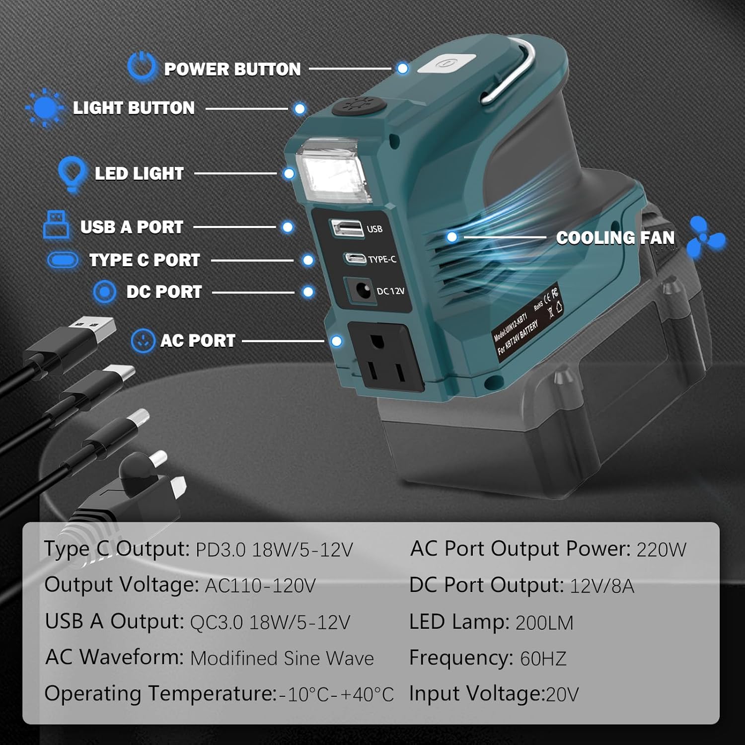 for Kobalt 24V Battery 220W Power Inverter,DC 20V to AC 110-120V Battery Inverter,Power Station Generator,Charger Adapter with 1 USB Port & 1 Type-C & 1 AC Outlet &1 DC Output 12V/5A,LED Light