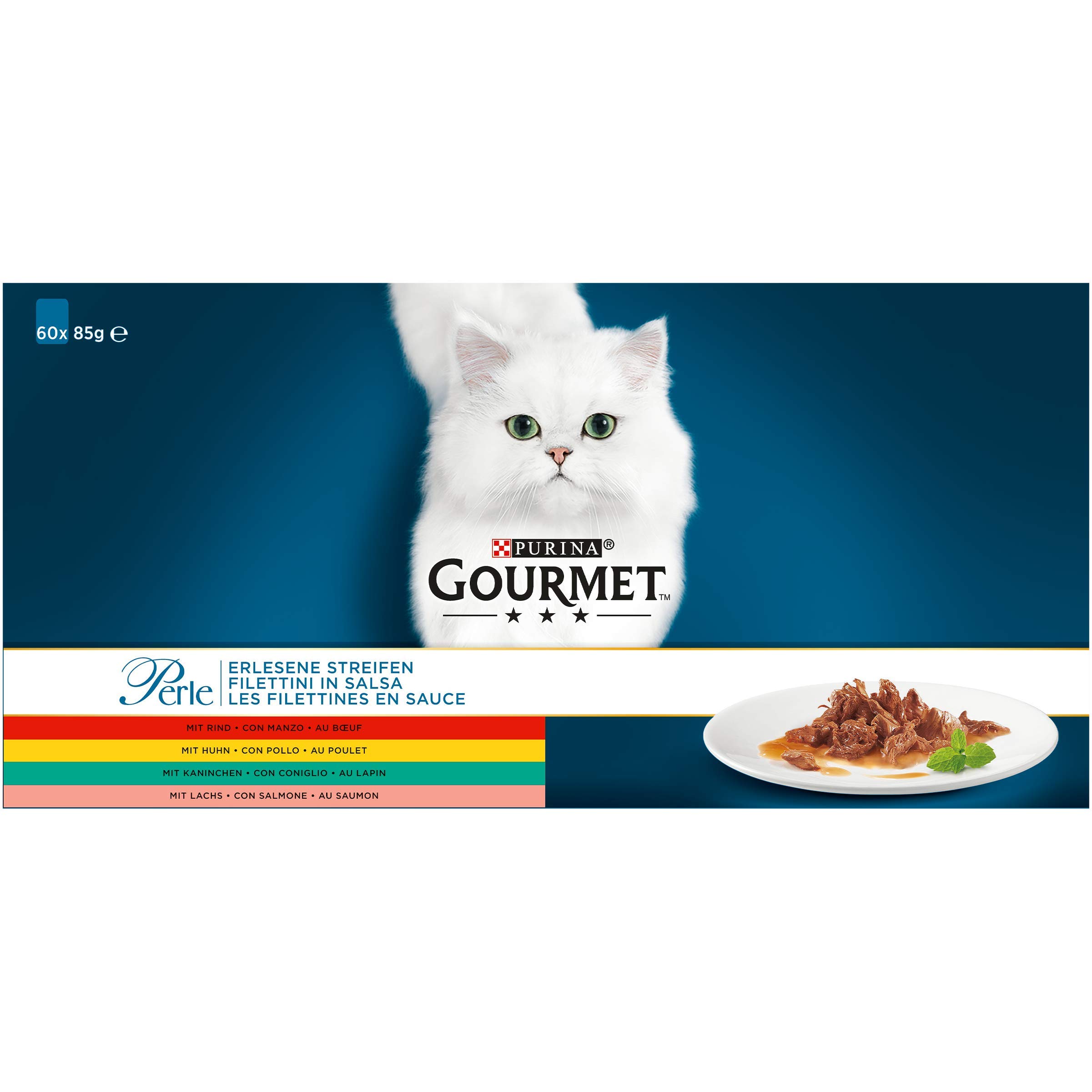 PURINA GOURMET Perle Erlesene Streifen in Gelee, 96 Portionsbeutel Katzenfutter nass, Sorten-Mix, 12er Pack (12 x 8 Beutel à 85g) & Perle Erlesene Streifen Katzenfutter nass, 60er Pack (60 x 85g)