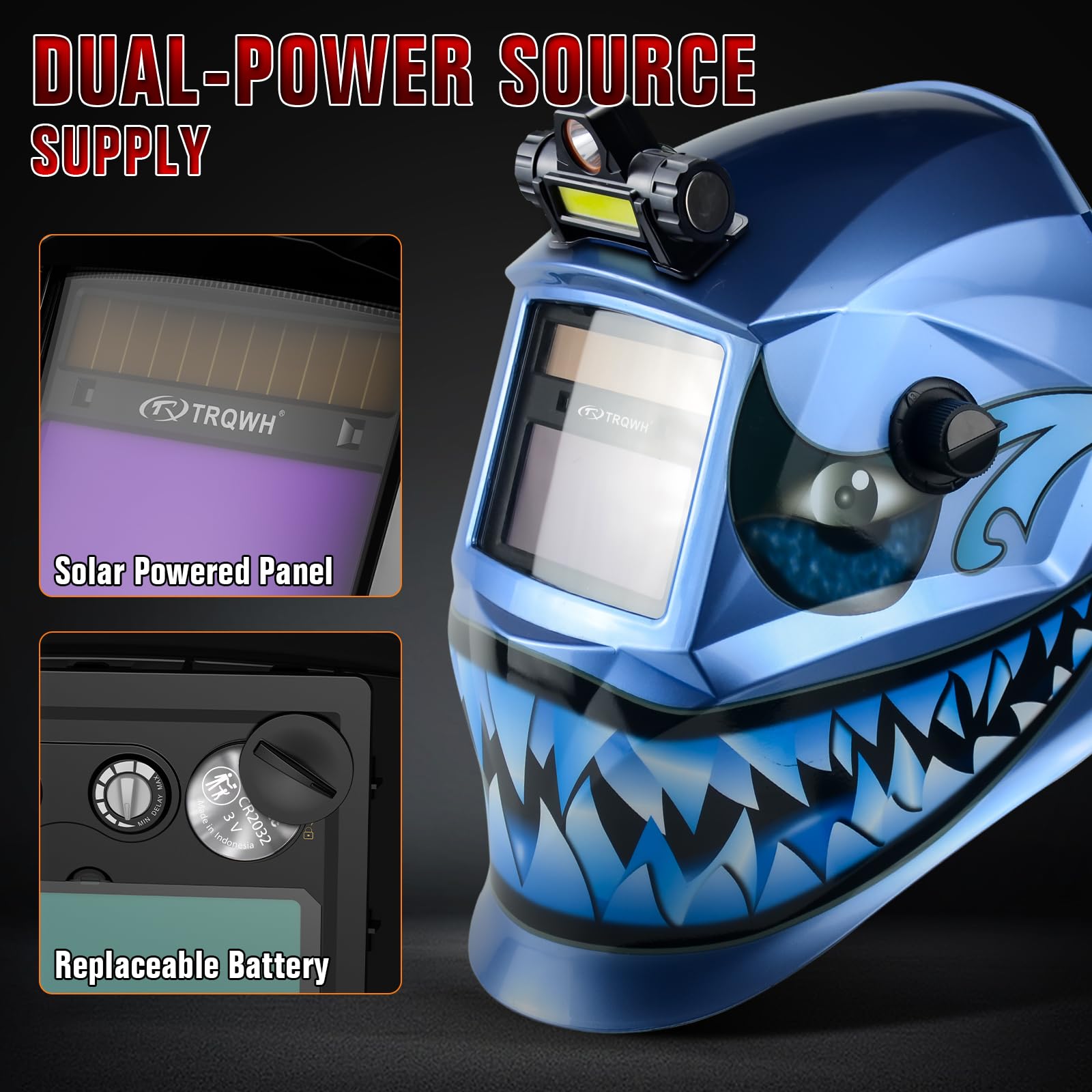 TRQWH Casque de soudage à énergie solaire auto-obscurcissant avec capuche de soudage légère, grand visionnement des couleurs vraies 1/1/1/2 avec clarté optique supérieure, masque de soudage