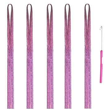 Shining Pink Fairy Hair Tinsel 47 Inch 750 Strands Tinsel Hair Extensions, Hair Glitter Extensions, Sparkly Hair Hair Tinsel Strands Kit Fairy For Children Girls Women With Tools (Pink)