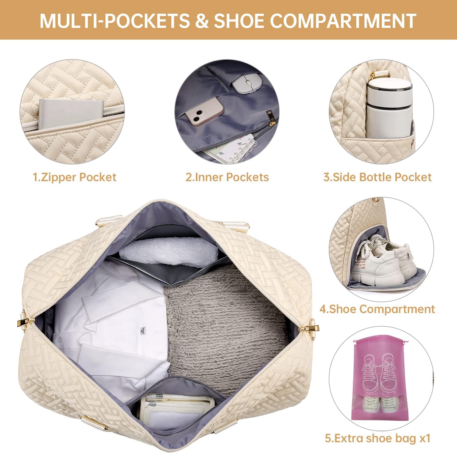 Duffle Bag for Travel, Weekender Bag with Shoe Compartment, Carry On Overnight Bag for Women with Toiletry Bag, Gym Bag with Wet Pocket, Hospital Bags for Labor and Delivery Beige - Image 3