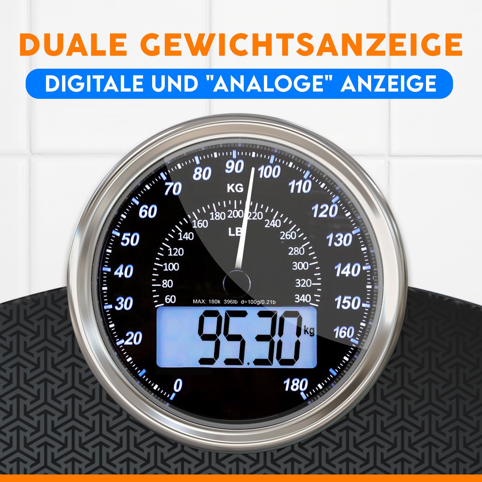 Hybrid 2-in-1 Digitale und Analoge Körperwaage bis 180 kg | Präzise GX-Sensoren auf extra breiter Plattform aus gehärtetem Glas, Schwarz Nova