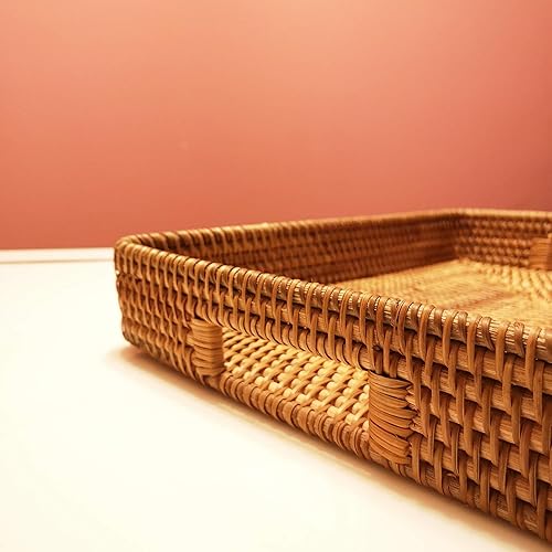 Miniatura 4 de i-lan Paquete de 2 bandejas de mimbre natural profundo de gran tamaño con asas y pared de 2.3 pulgadas, bandeja rectangular de oficina de ratán de