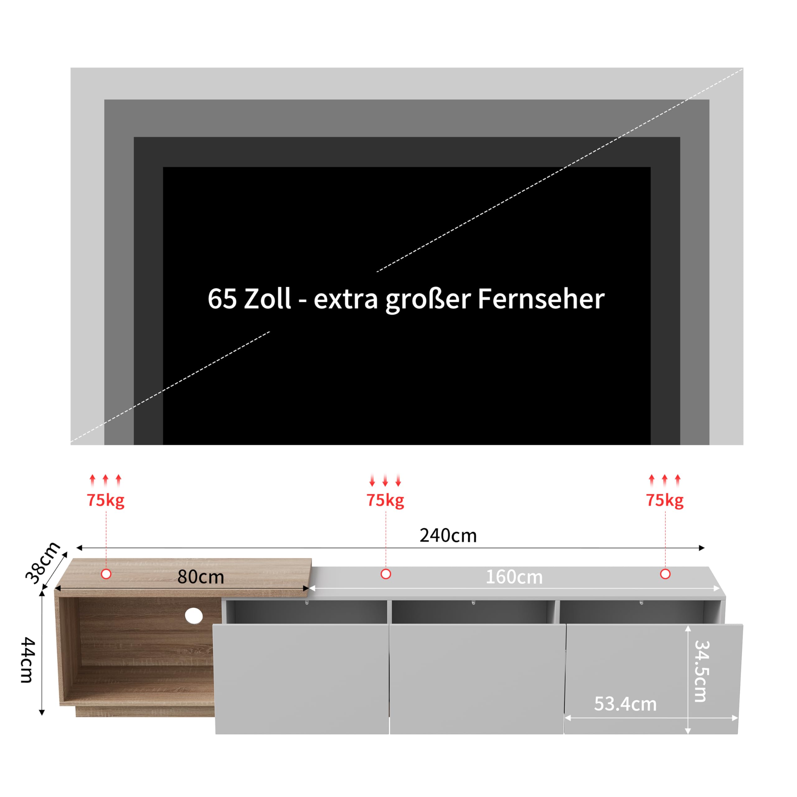 Szafka pod telewizor LED 240 cm, szafka pod telewizor, ławka telewizyjna, meble do salonu, nowoczesna drewniana ławka telewizyjna z 3 szufladami, niska szafka do salonu, meble do salonu (biały-2)