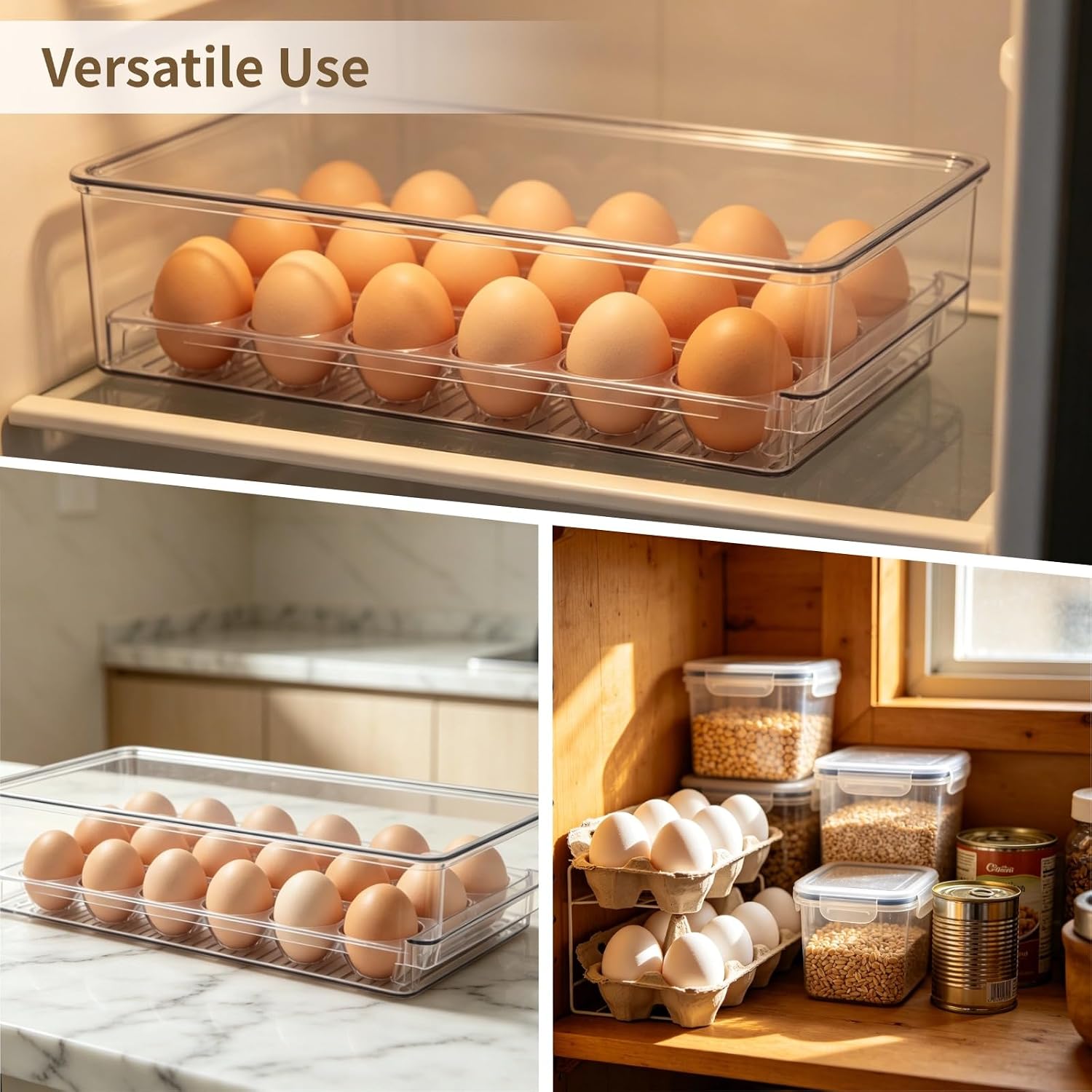Egg Drawer for Refrigerator, Fridge Egg Organizer 13.8 x 6.5 x 3.3 in, Stackable Holder with Lid and Handle, 18 Tray for Fresh Storage in Kitchen Cabinet Pantry and Countertop