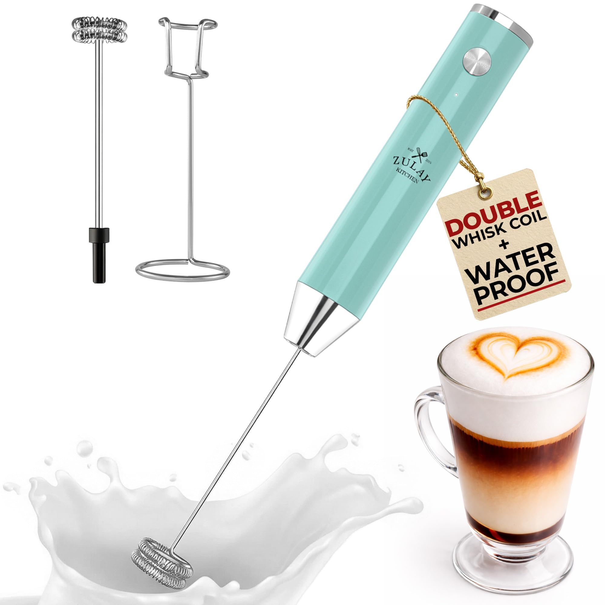 Zulay Kitchen Espumador de leche recargable de mano, varita espumadora, mezclador de bebidas, espumador eléctrico, para capuchinos, matcha y proteína en polvo, doble batidor de 2 velocidades
