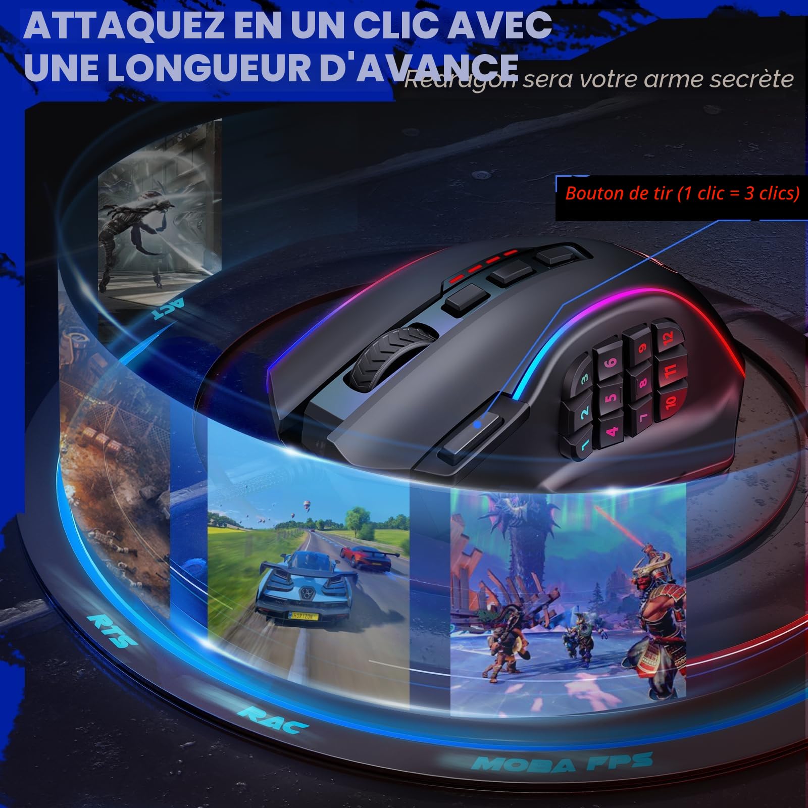 Redragon M901K Impact RVB Souris Gamer Filaire USB, MMO Souris avec 12 Boutons latéraux, 12,400 DPI, Haute précision, 19 Boutons programmables, Ergonomie, PC/Mac