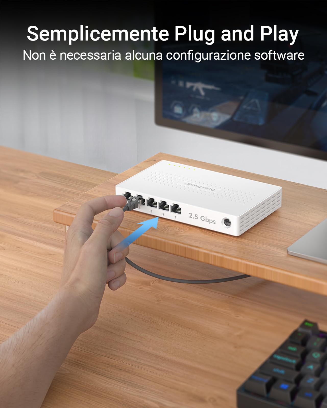 BrosTrend 2,5Gb Switch Ethernet 5 Porte, Unmanaged, Garanzia a Vita | Switch Ethernet 2.5 Gigabit, Sdoppiatore 2,5G Hub, Plug e Play, Senza Ventola, Ideale per Casa/Rete Soho, Desktop O A Parete