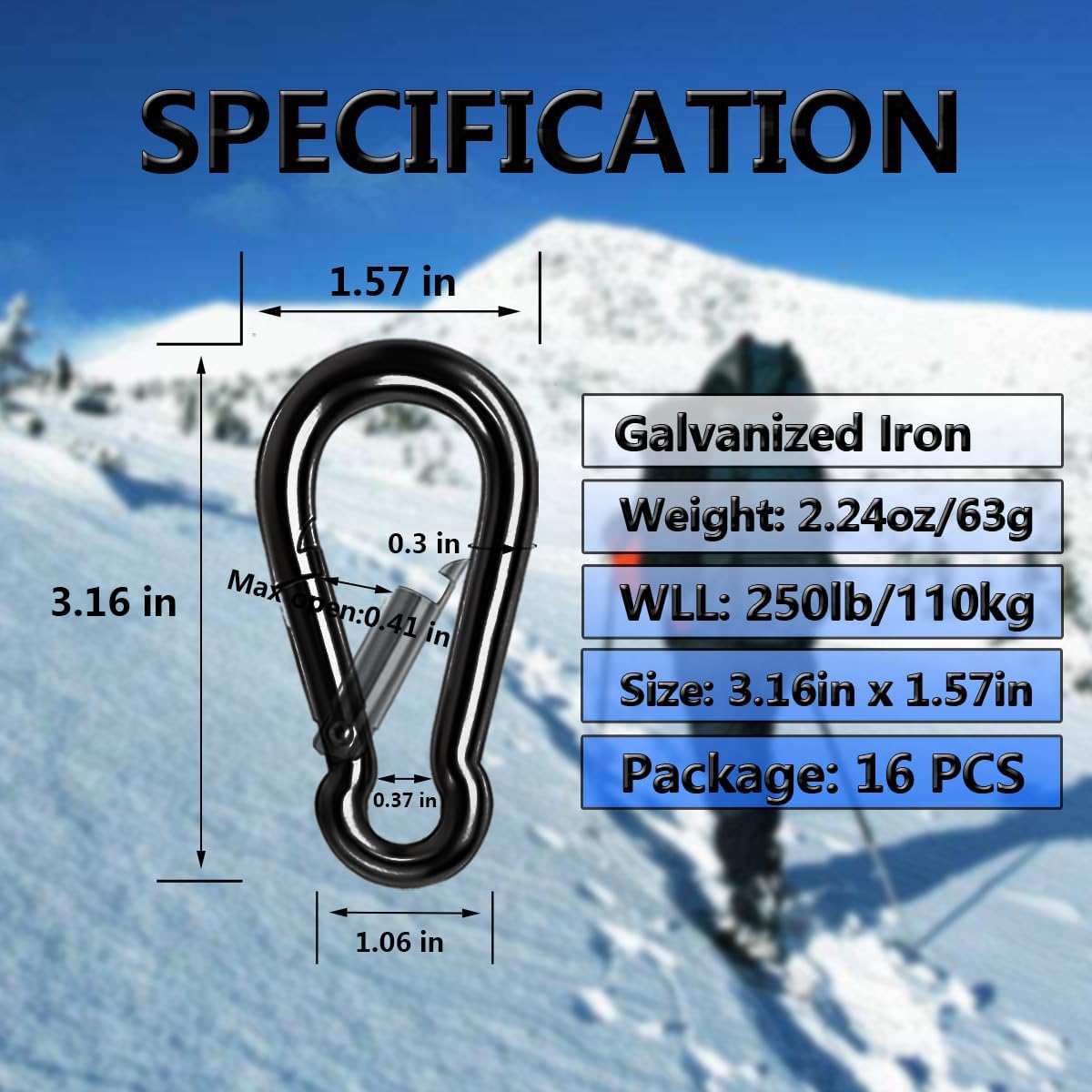 Black Carabiner Clip, Heavy Duty Spring Snap Hook Quick Link for Outdoor Camping, Hiking, Fishing, Swing Set, Hammock, Keychain