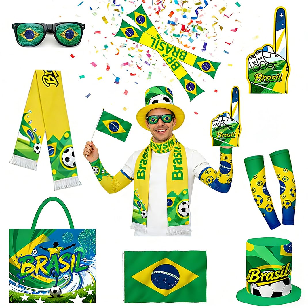 FRoon Kit per tifosi del Brasile, 8 pezzi, accessori per tifosi del calcio: borsa tote, bandiera volante, cappello, sciarpa, occhiali, bastoni da tifo, bastoncini da tifo