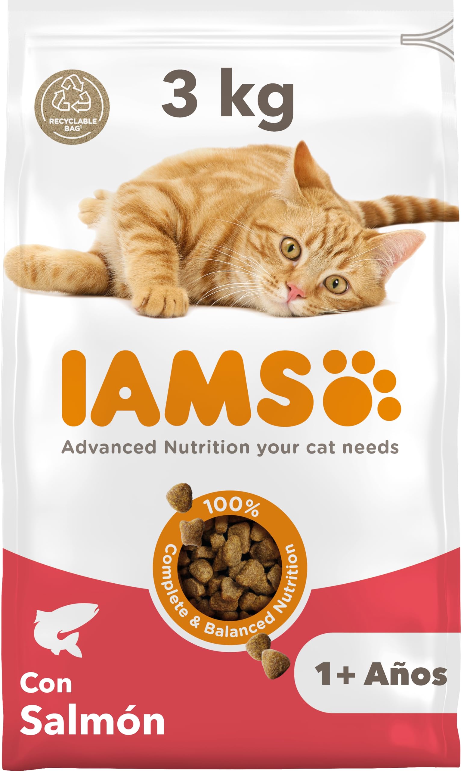 IAMS Alimento seco para gatos con salmón, comida seca para gatos adultos de más de 1 año, 3 kg