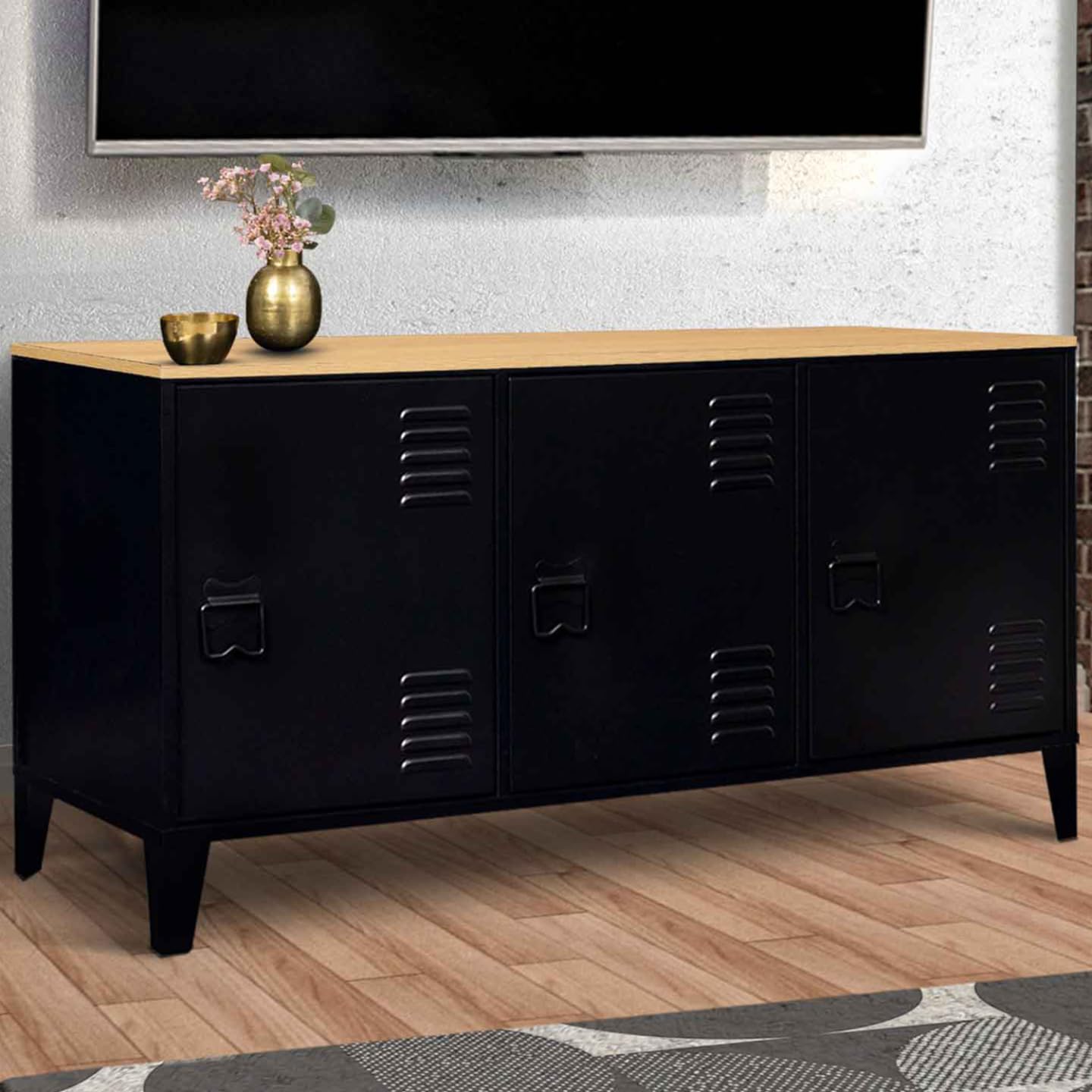 IDMarket – Aparador bajo 113 cm Ester 3 puertas metal negro bandeja madera diseño industrial