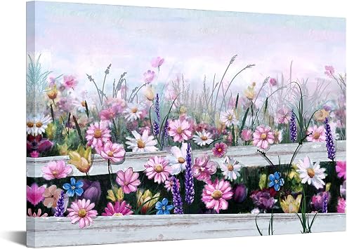 iHAPPYWALL Large Flowers Wall Art Canvas Daisy Wildflowers Floral Picture Painting Artwork for Living Room Bedroom Home Decor Stretched and Framed Ready to Hang 24x36inch