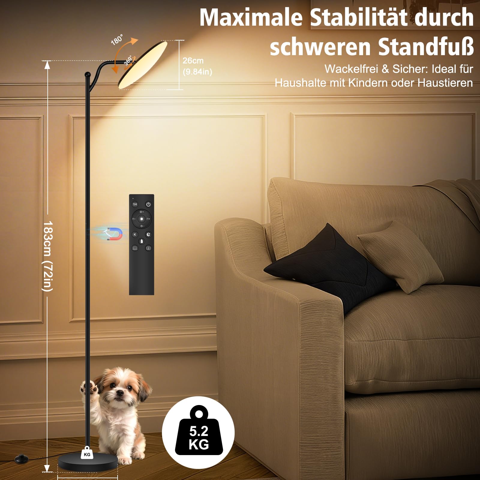 LED Stehlampe Wohnzimmer, 32W Deckenfluter LED mit Fernbedienung, 2700K-6500K Stufenloses Dimmen, Moderne Leselampe Stehleuchte für Wohnzimmer Schlafzimmer Büro, Schwarz, Energieeffiziente