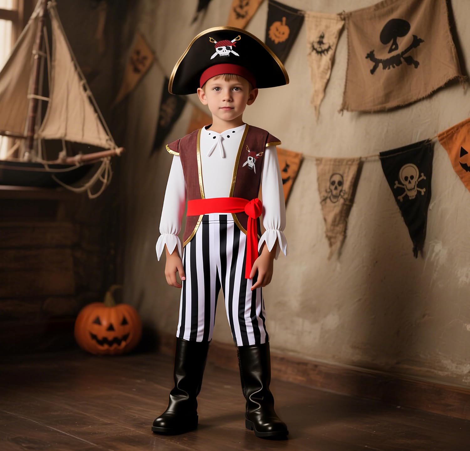 Kids Pirate Costume for Boys with Pirate Accessories Set Halloween Party Dress Up - Image 3