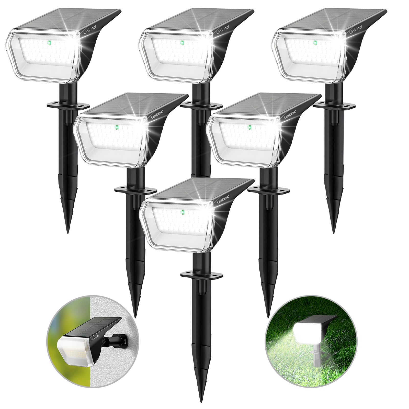 Linkind Solar Lights Outdoor 60 LEDs Solar Lights for Outside Solar Spot Lights 30% Conversion Rate Solar Landscape Lights Waterproof IP67 for Garden Yard Pathway, 6 Pack Cool White