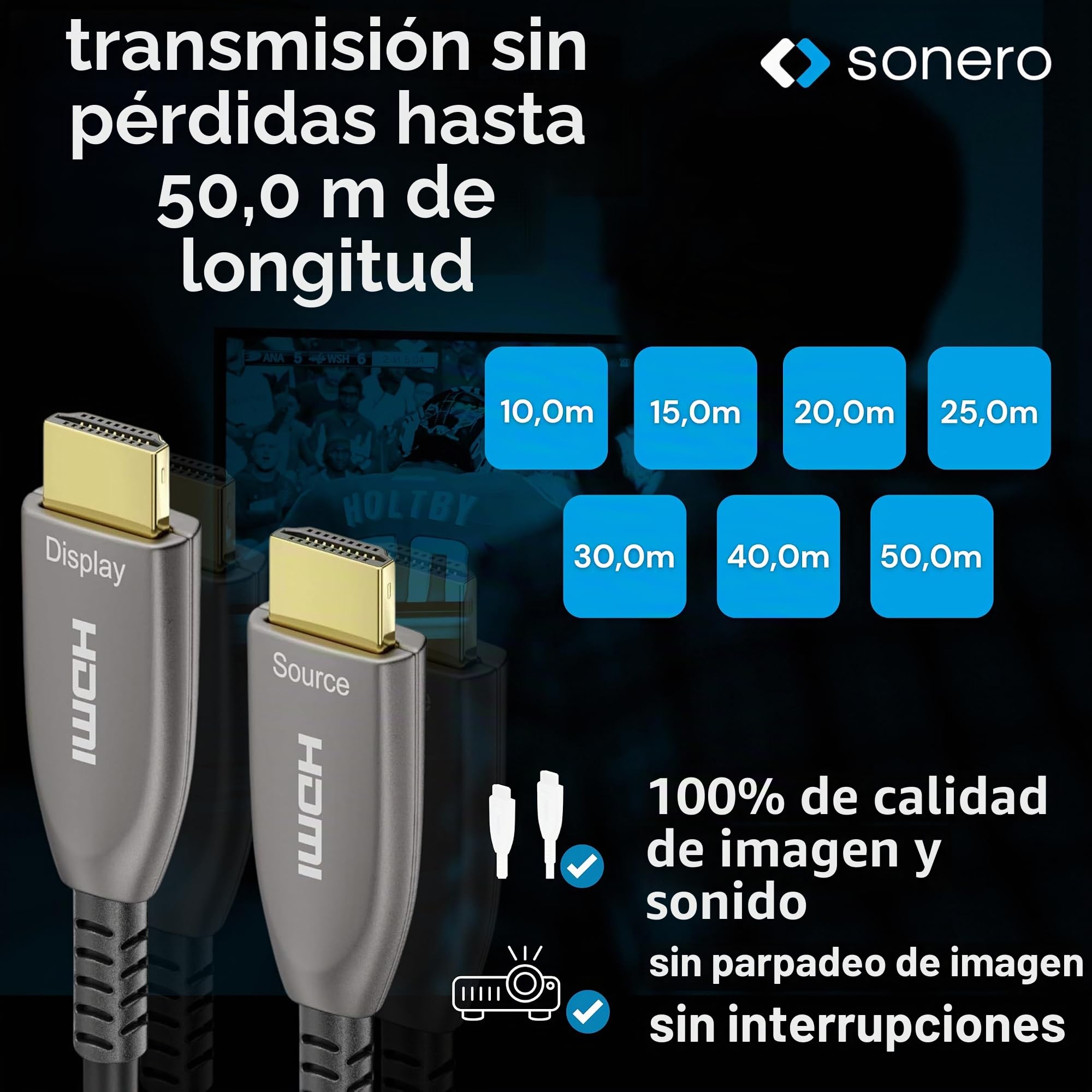 [Nuevo] sonero® 40m de Cable HDMI 2.0b, híbrido de Fibra óptica, UHD 2160P, 4K60Hz, 4:4:4, HDR, 18Gbps