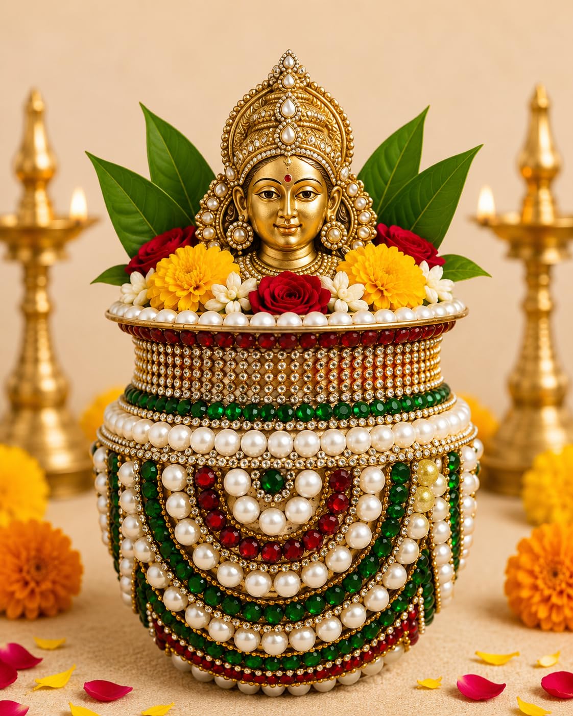 Lakshmi Kalash Pooja Pot with Pearl and Gemstone Embellishments | Festive Puja Decor, Gold Goddess Face, Pearl Bead Work, Ruby & Emerald Stones, Traditional Kalash-image-40