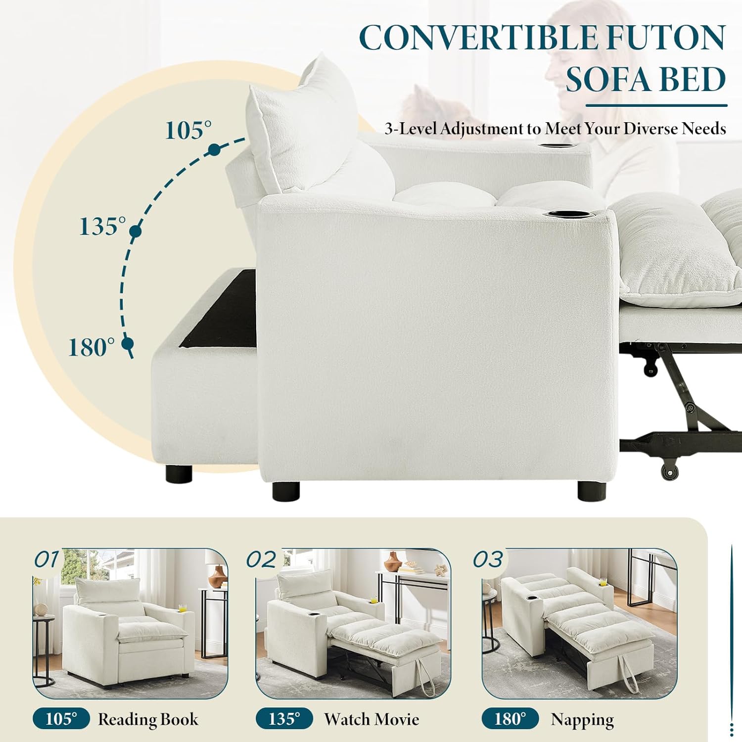 36.1" 3-in-1 Foldable Convertible Sofa Bed, Single Sleeper Sofa Pull Out Couch Bed with Adjustable Back, Cup Holders and Modern Velvet Fabric Backrest Recliner for Bedroom Apartment, White