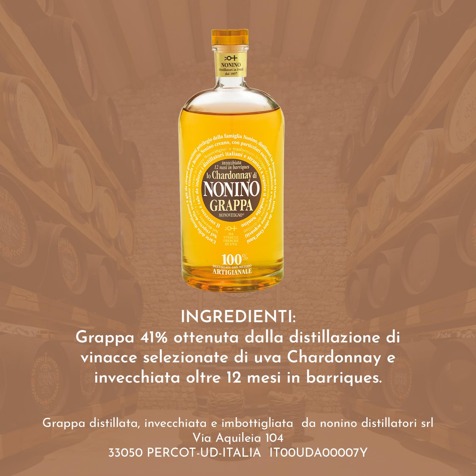 Nonino Chardonnay Monovitigno Grappa Barrique gereift in Geschenkpackung 41% vol. (1 x 0.7 l)