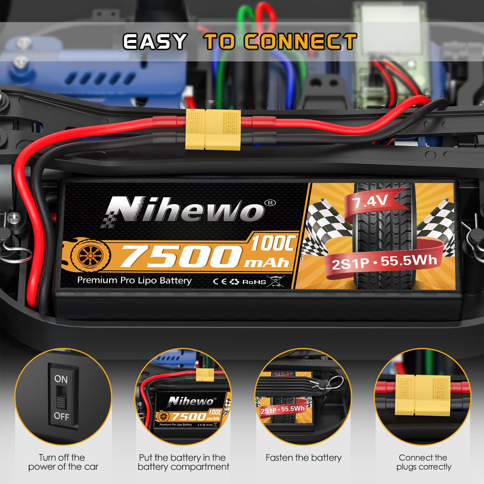 2Packs 2S Batterie Lipo, 7,4 V 7500 mAh RC Batterie 100 C Étui Rigide Lipos XT60 Connecteur Compatible avec 1/8 1/10 RC Voiture Camion Truggy Véhicules Réservoir Bateau Avion Modèles