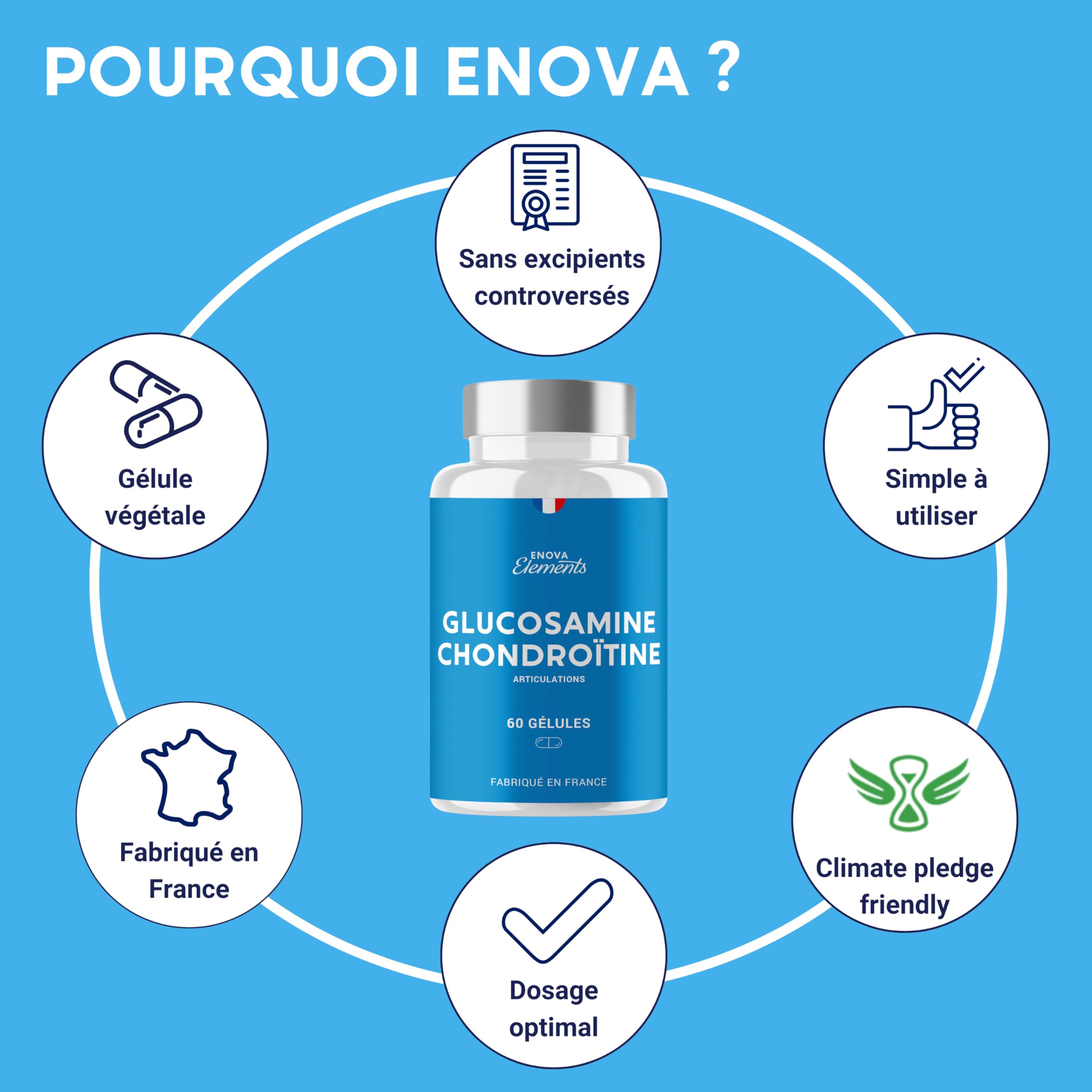 GLUCOSAMINE + CHONDROÏTINE | Articulations douloureuses, Mobilité | 60 gélules | Complement alimentaire | Fabriqué en France | Glucosamine chondroïtine