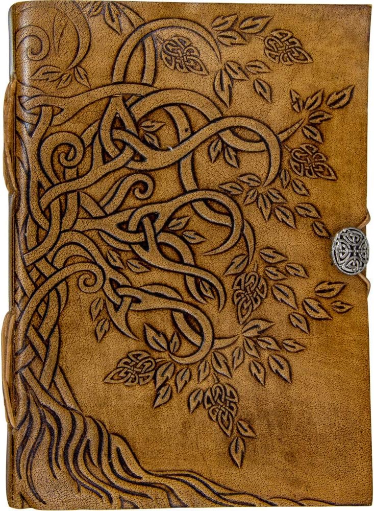 Handmade Tree of Life Genuine Leather Bound Notebook Journal Unlined Paper For Women Men 200 Pages Button Closure