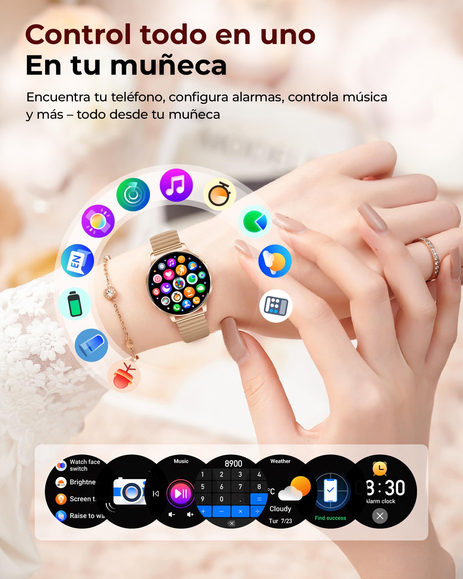 Iaret Reloj Inteligente Mujer con 3 Correas, 1,27" Pantalla AMOLED, Smartwatch Redondo con Llamadas Bluetooth, 120+ Modos Deportivos, SpO2/Pulsómetro/Sueño, para Android iOS, Regalo, Oro Rosa