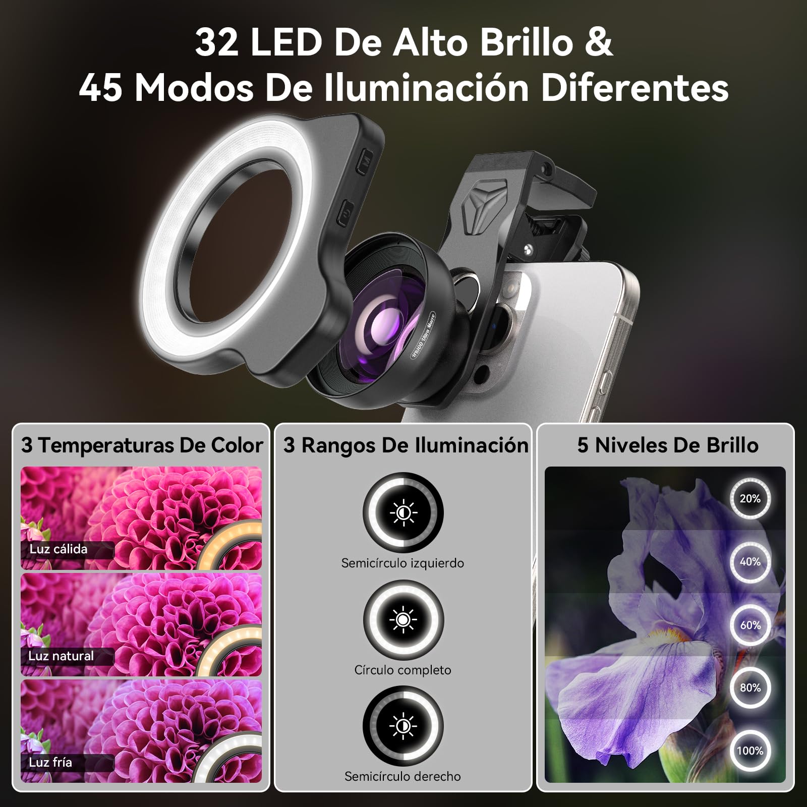 Evil Eye Kit Lentes Macro Profesionales con Luz de Relleno para Smartphone, Lente Macro de 100mm para Teléfono con Clip Universal, Accesorio para Fotografía HD Compatible con iPhone y Android