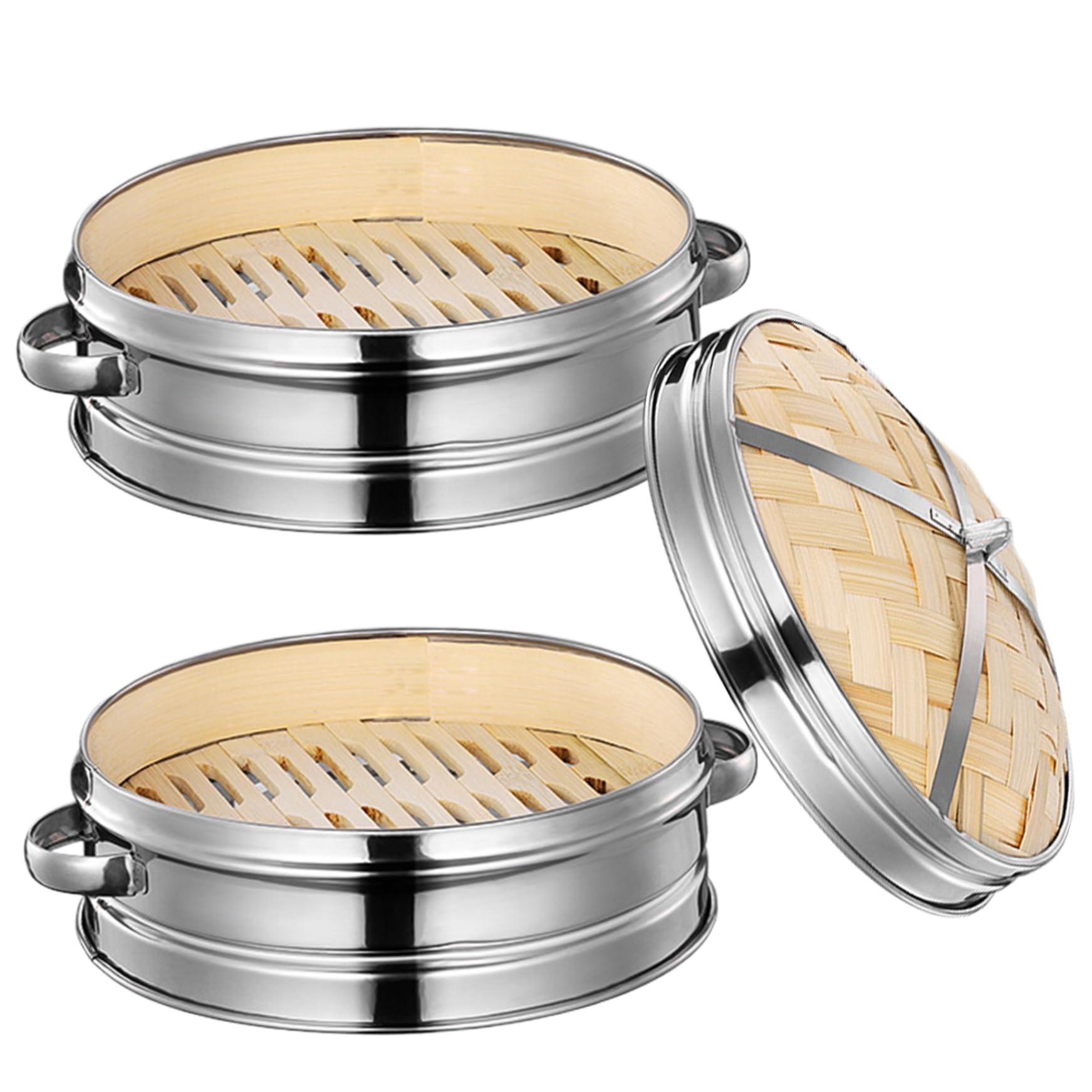Vaporiera in bambù Cestino in bambù a 2 livelli da 7, 9 pollici con coperchio e manico per gnocchi, dim sum, panini e verdure per la cottura a vapore cucina