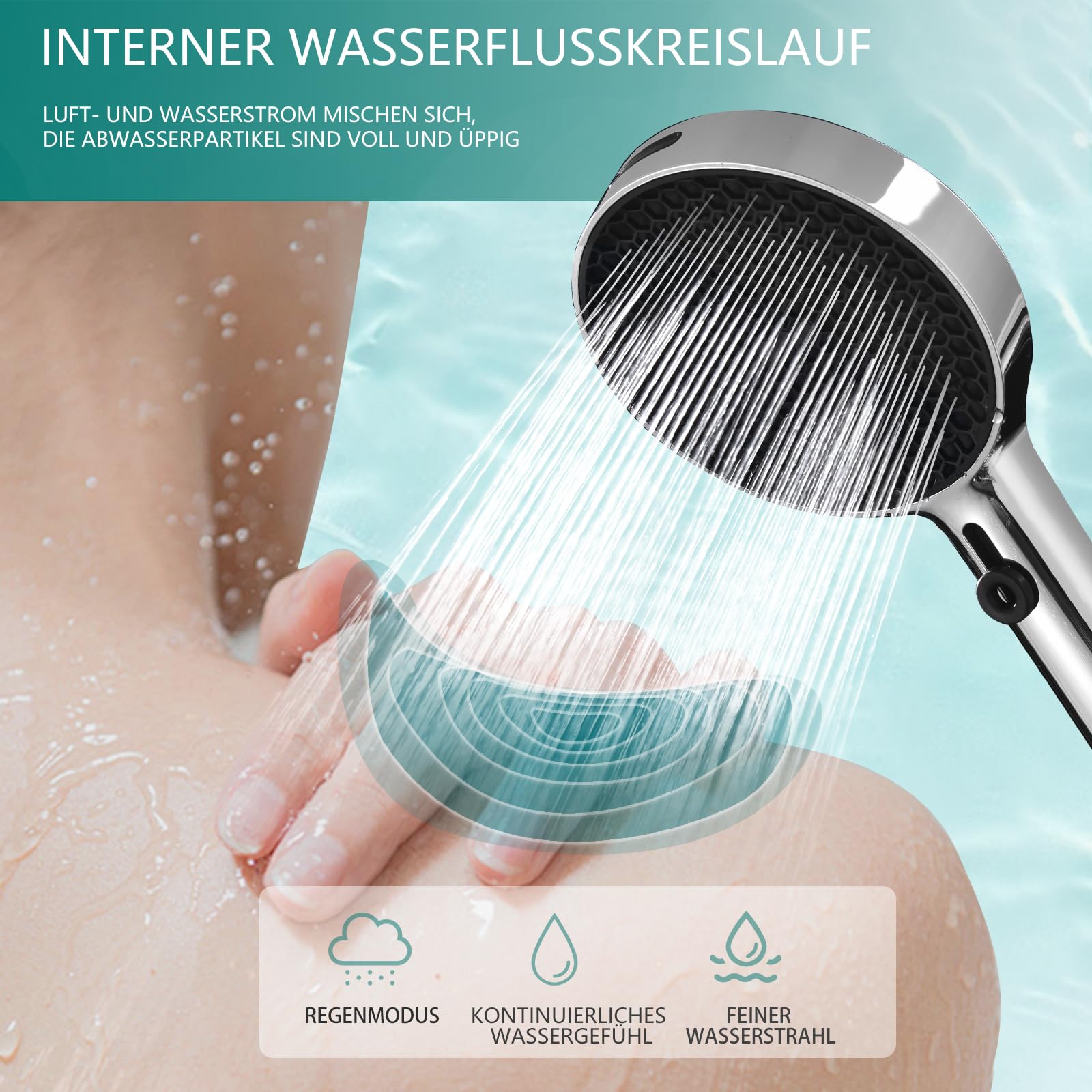 Soffione doccia grande ad alta pressione XXL con tubo soffione a pioggia con 3 + 1 tipi di getto, 130 mm, soffione doccia a risparmio d'acqua, soffione doccia doccia con ugelli in silicone