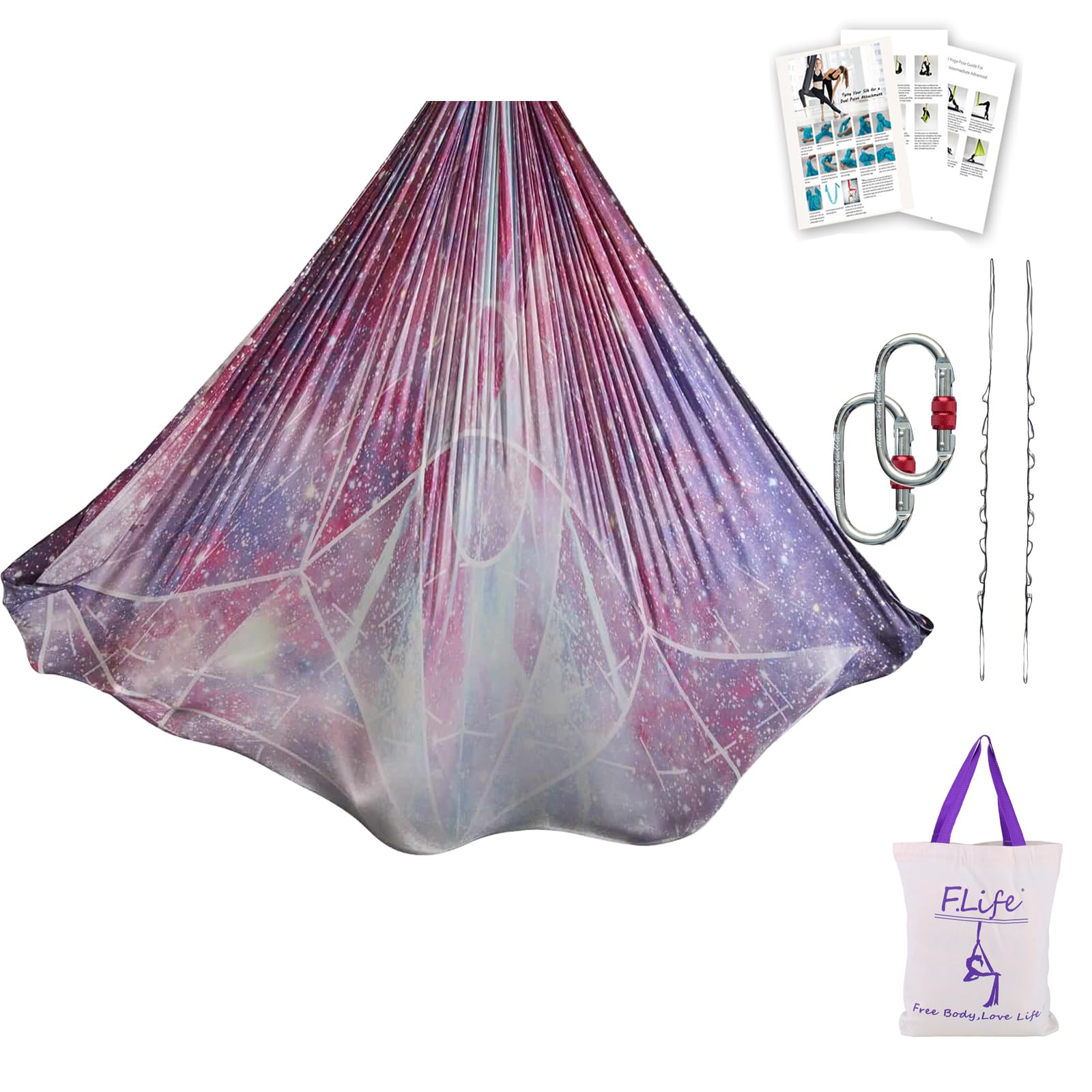 F.Life Aerial Yoga Hammock kit- Yoga Swing Multicolor 5 yards-Flying Yoga Include Daisy Chain,Carabiner and Pose Guide