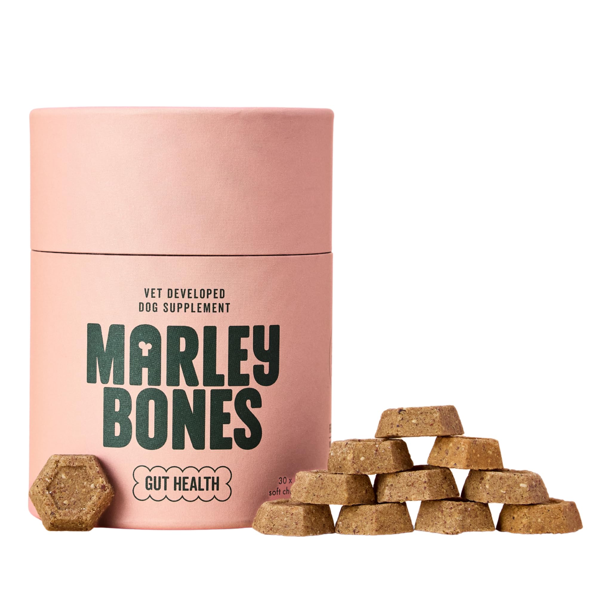 Marleybones Gut Health for Dogs Supplement 30 Chews | Vet Developed & Soft Baked | Prebiotic Digestive Support for Dogs | Promotes Health Digestion & Stool Quality | Plant-Based